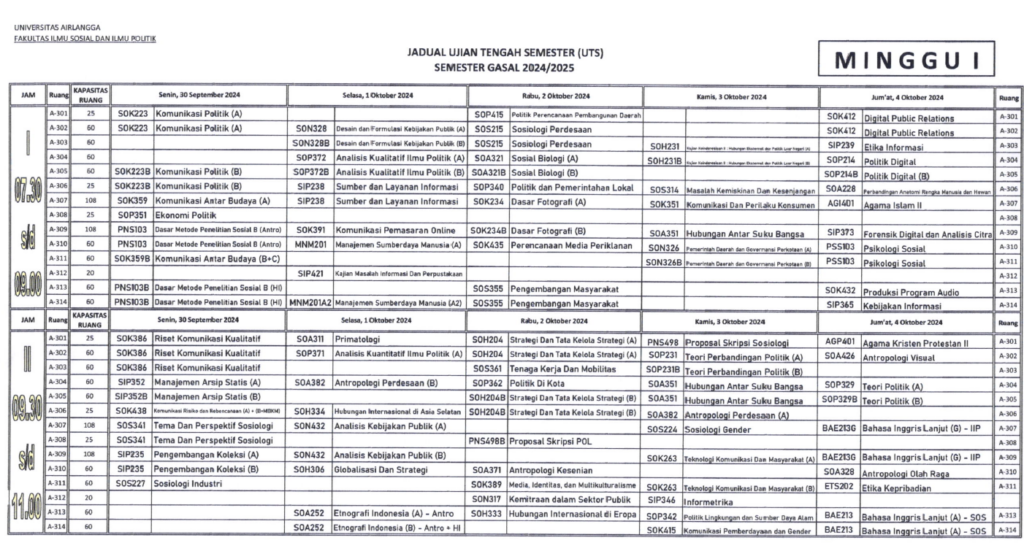 Mid-Semester Exam Schedule (UTS) Odd Semester 2024/2025